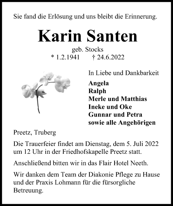 Traueranzeige von Karin Santen von Kieler Nachrichten