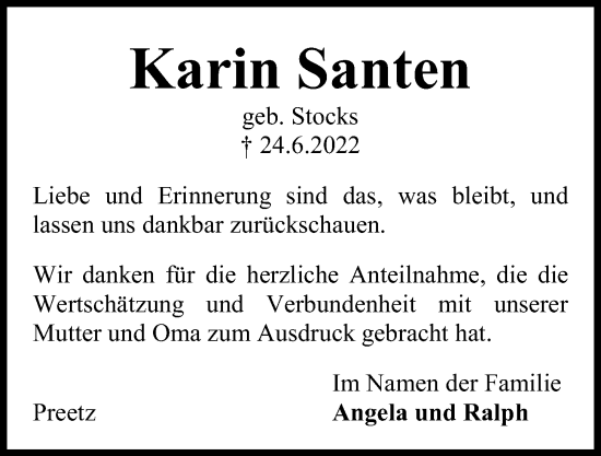 Traueranzeige von Karin Santen von Kieler Nachrichten