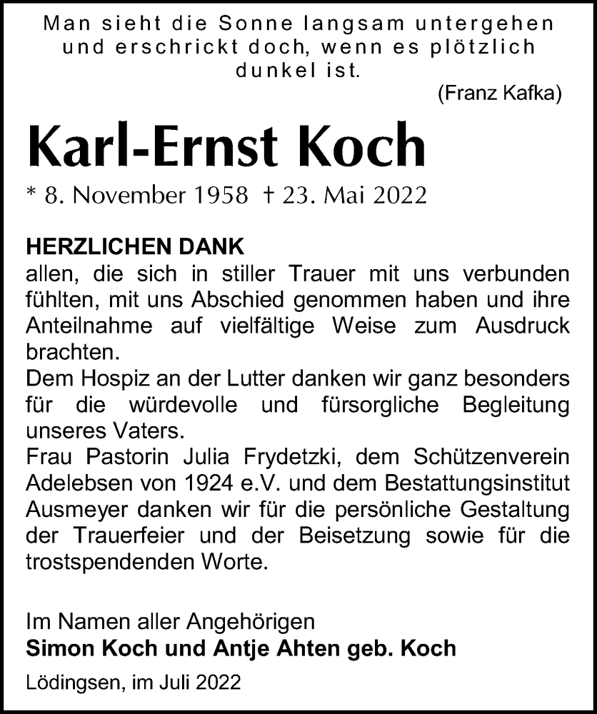  Traueranzeige für Karl-Ernst Koch vom 09.07.2022 aus Göttinger Tageblatt