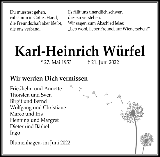 Traueranzeige von Karl-Heinrich Würfel von Peiner Allgemeine Zeitung
