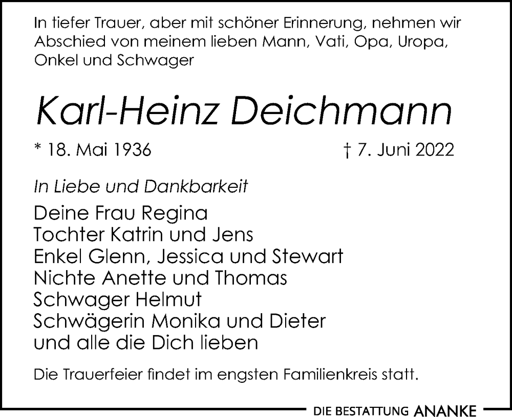  Traueranzeige für Karl-Heinz Deichmann vom 02.07.2022 aus Leipziger Volkszeitung