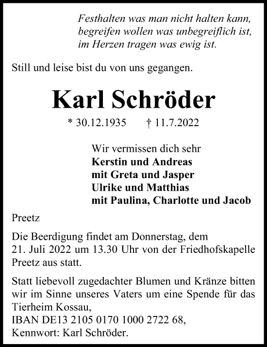 Traueranzeige von Karl Schröder von Kieler Nachrichten