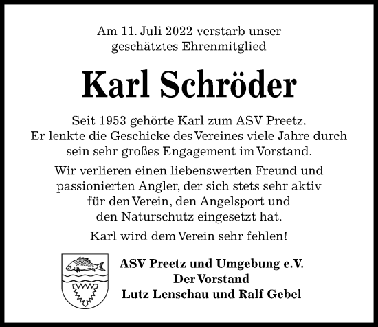 Traueranzeige von Karl Schröder von Kieler Nachrichten