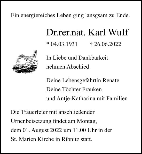 Traueranzeige von Karl Wulf von Ostsee-Zeitung GmbH