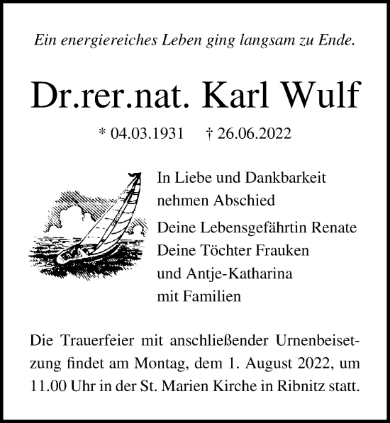 Traueranzeige von Karl Wulf von Märkischen Allgemeine Zeitung