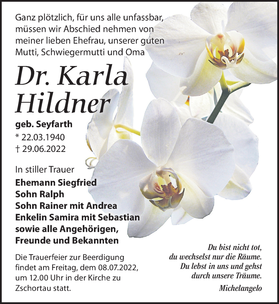  Traueranzeige für Karla Hildner vom 02.07.2022 aus Leipziger Volkszeitung