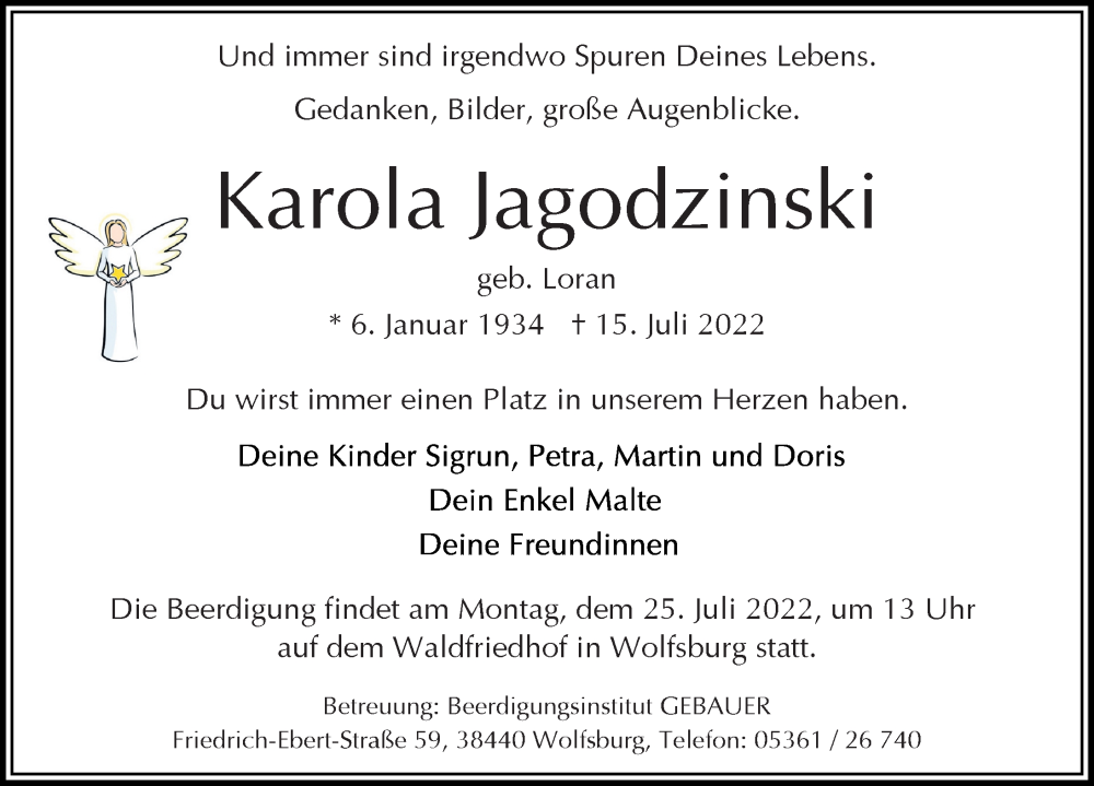 Traueranzeige für Karola Jagodzinski vom 22.07.2022 aus Aller Zeitung