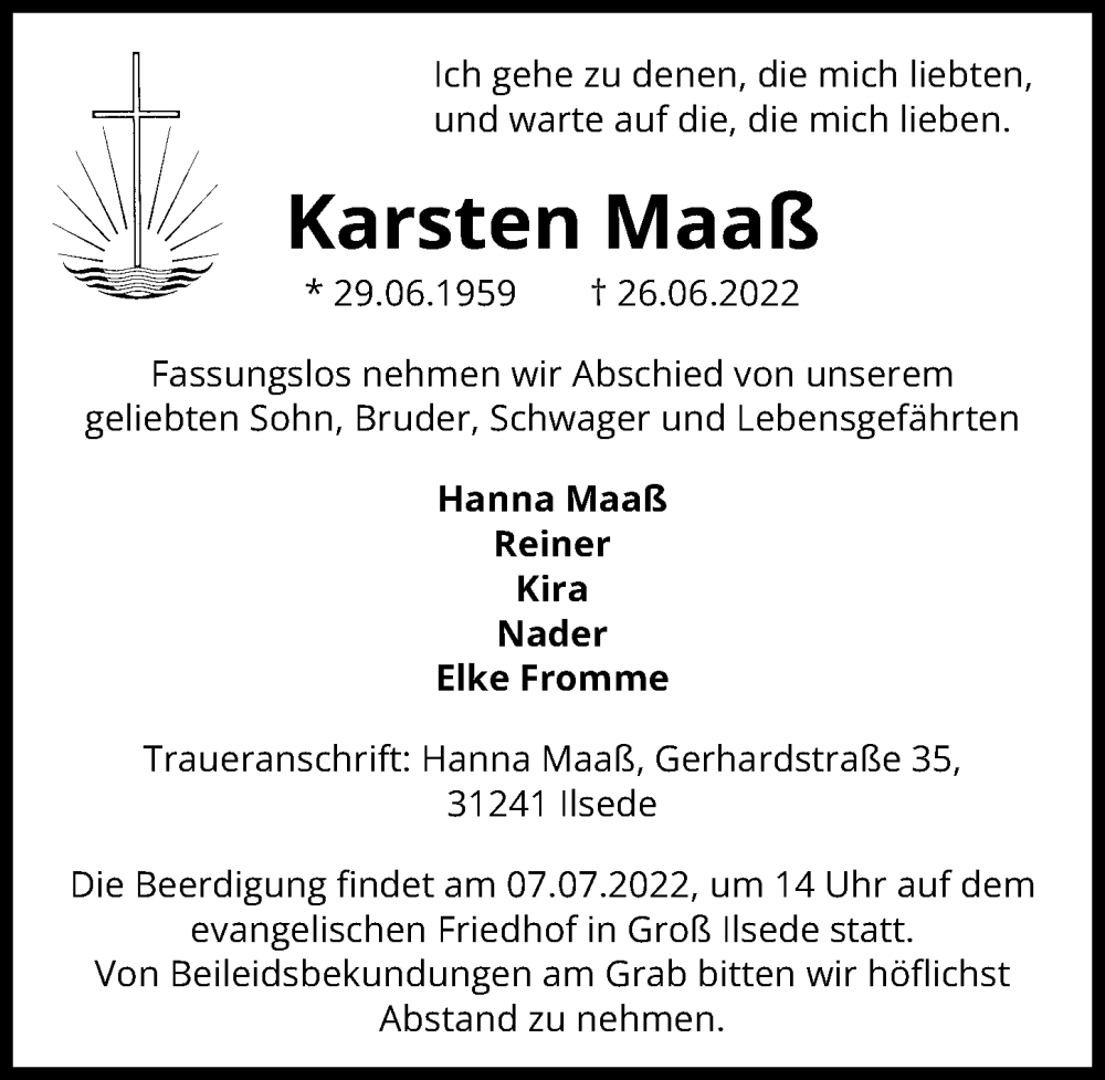  Traueranzeige für Karsten Maaß vom 02.07.2022 aus Peiner Allgemeine Zeitung