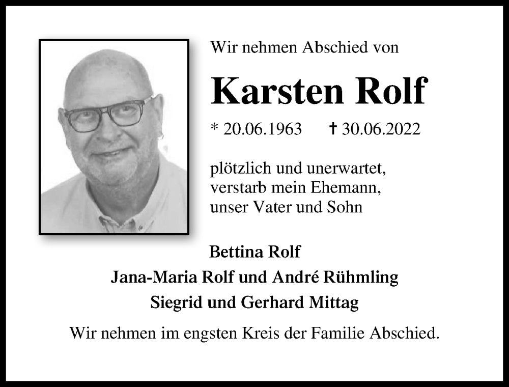  Traueranzeige für Karsten Rolf vom 24.07.2022 aus Lübecker Nachrichten