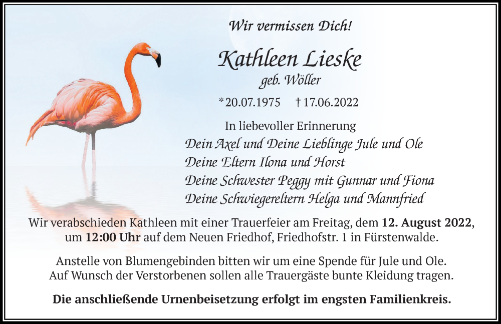  Traueranzeige für Kathleen Lieske vom 23.07.2022 aus Ostsee-Zeitung GmbH