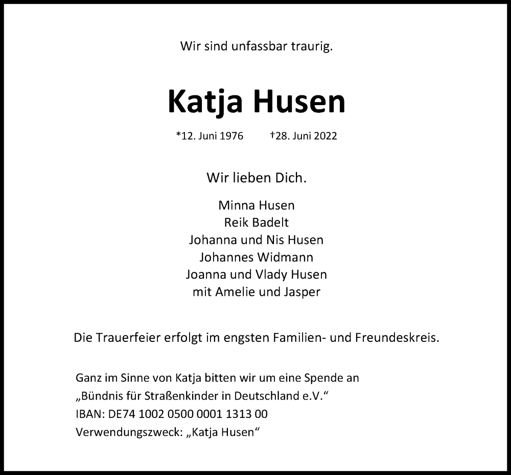  Traueranzeige für Katja Husen vom 02.07.2022 aus Kieler Nachrichten