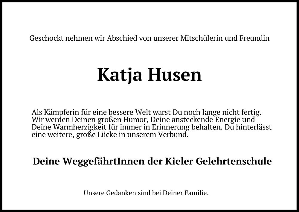  Traueranzeige für Katja Husen vom 05.07.2022 aus Kieler Nachrichten
