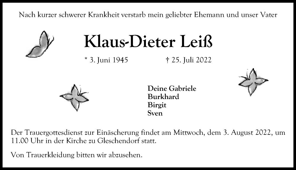  Traueranzeige für Klaus-Dieter Leiß vom 30.07.2022 aus Lübecker Nachrichten