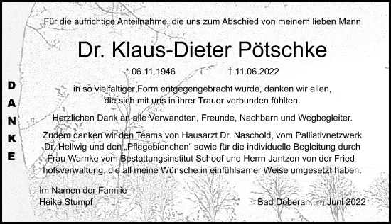 Traueranzeige von Klaus-Dieter Pötschke von Ostsee-Zeitung GmbH