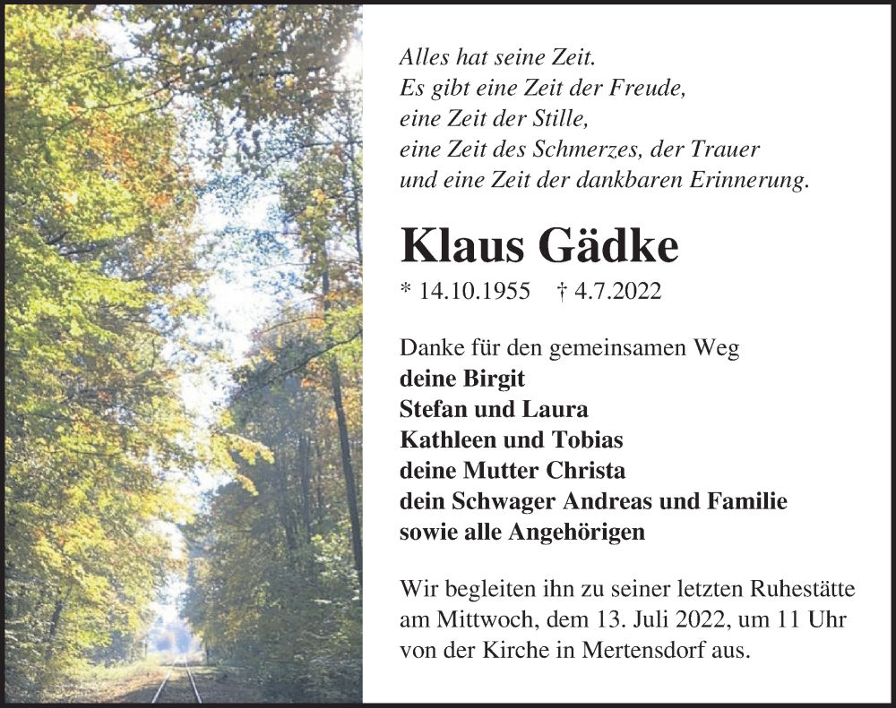  Traueranzeige für Klaus Gädke vom 06.07.2022 aus Märkischen Allgemeine Zeitung