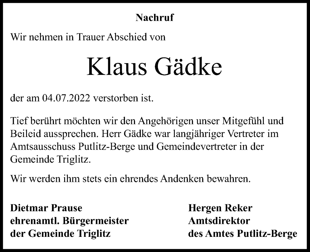  Traueranzeige für Klaus Gädke vom 16.07.2022 aus Märkischen Allgemeine Zeitung