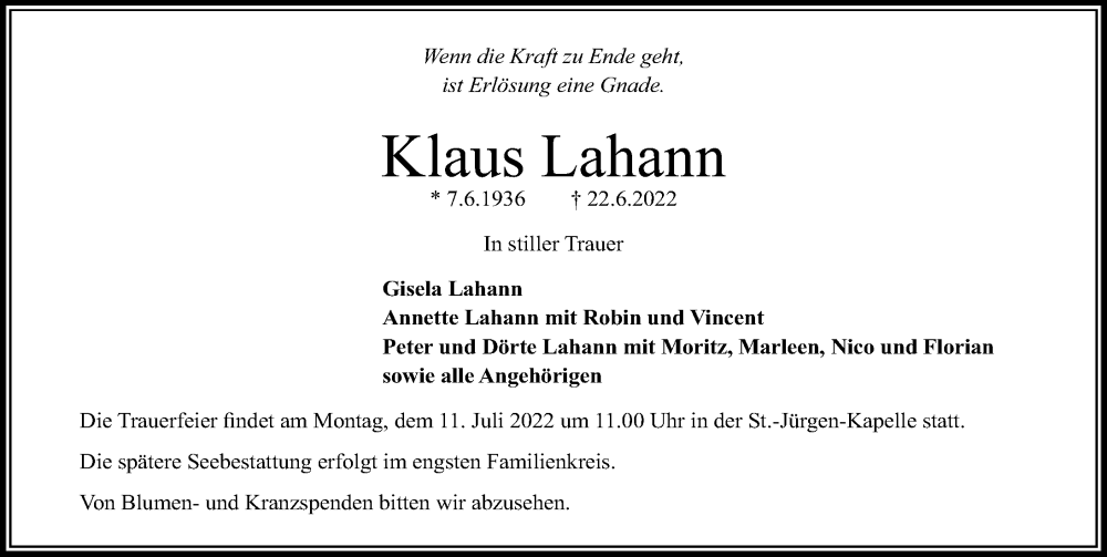  Traueranzeige für Klaus Lahann vom 03.07.2022 aus Lübecker Nachrichten