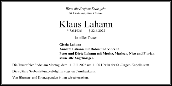 Traueranzeige von Klaus Lahann von Lübecker Nachrichten