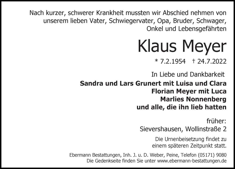  Traueranzeige für Klaus Meyer vom 30.07.2022 aus Peiner Allgemeine Zeitung