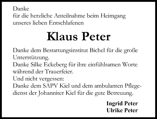 Traueranzeige von Klaus Peter von Kieler Nachrichten