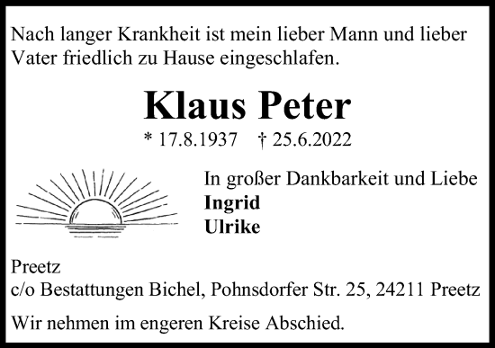 Traueranzeige von Klaus Peter von Kieler Nachrichten