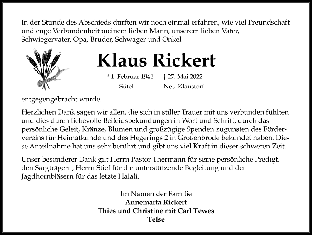  Traueranzeige für Klaus Rickert vom 22.07.2022 aus Lübecker Nachrichten
