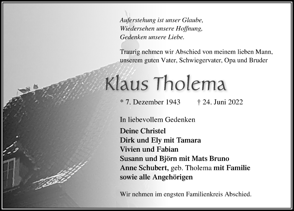  Traueranzeige für Klaus Tholema vom 03.07.2022 aus Lübecker Nachrichten