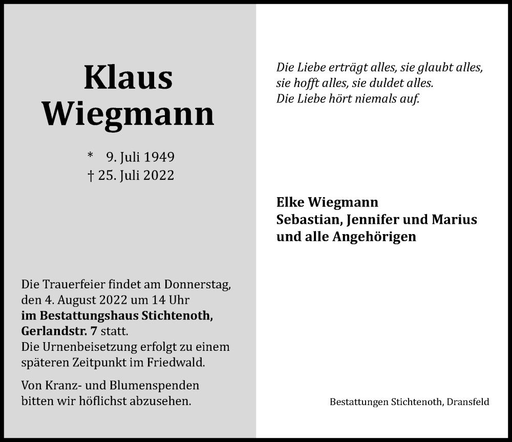  Traueranzeige für Klaus Wiegmann vom 30.07.2022 aus Göttinger Tageblatt