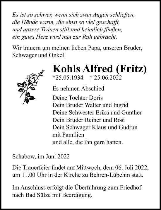 Traueranzeige von Kohls Alfred von Ostsee-Zeitung GmbH