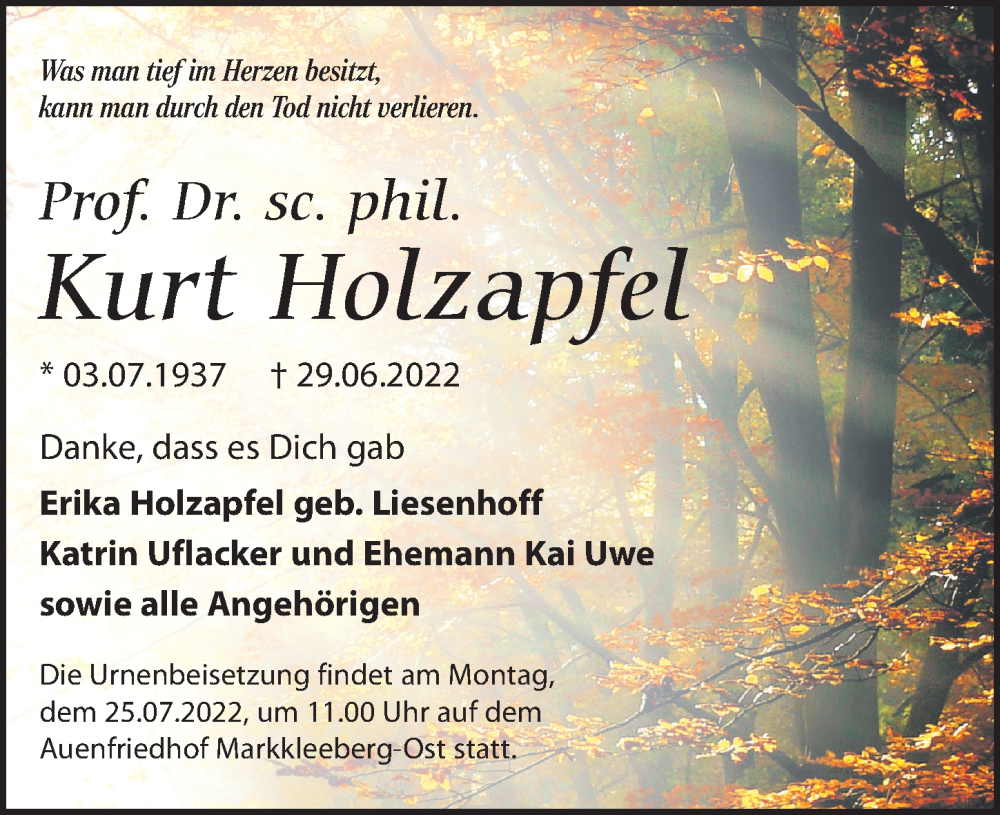  Traueranzeige für Kurt Holzapfel vom 09.07.2022 aus Leipziger Volkszeitung