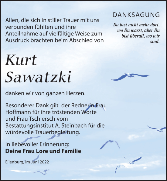 Traueranzeige von Kurt Sawatzki von Leipziger Volkszeitung