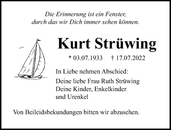 Traueranzeige von Kurt Strüwing von Ostsee-Zeitung GmbH