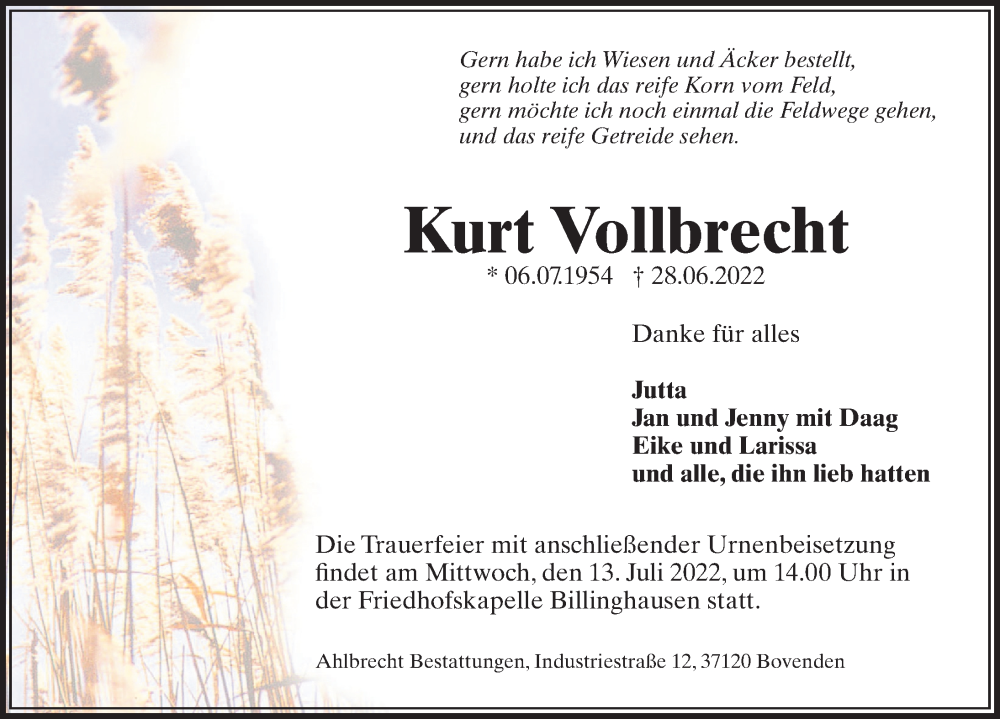 Traueranzeigen Von Kurt Vollbrecht | Trauer-anzeigen.de