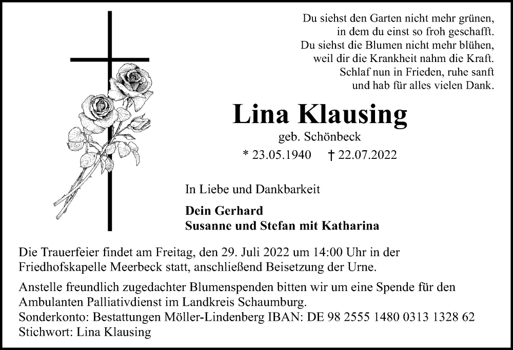  Traueranzeige für Lina Klausing vom 26.07.2022 aus Schaumburger Nachrichten