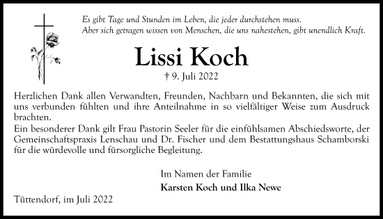 Traueranzeige von Lissi Koch von Kieler Nachrichten