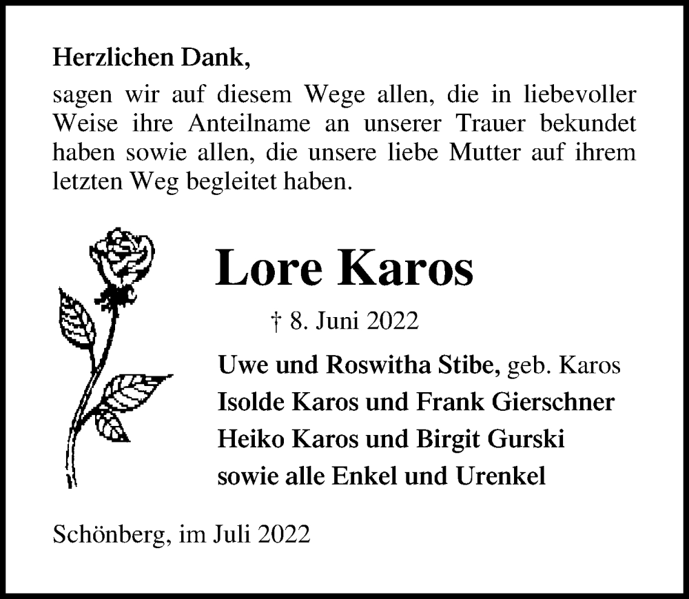  Traueranzeige für Lore Karos vom 16.07.2022 aus Ostsee-Zeitung GmbH