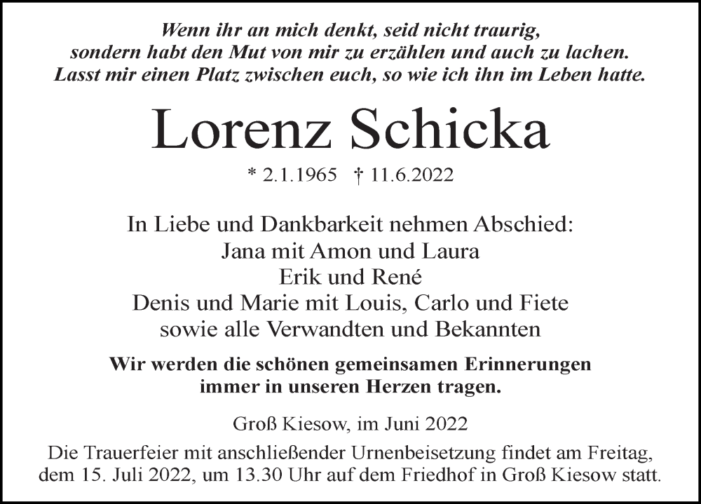  Traueranzeige für Lorenz Schicka vom 02.07.2022 aus Ostsee-Zeitung GmbH