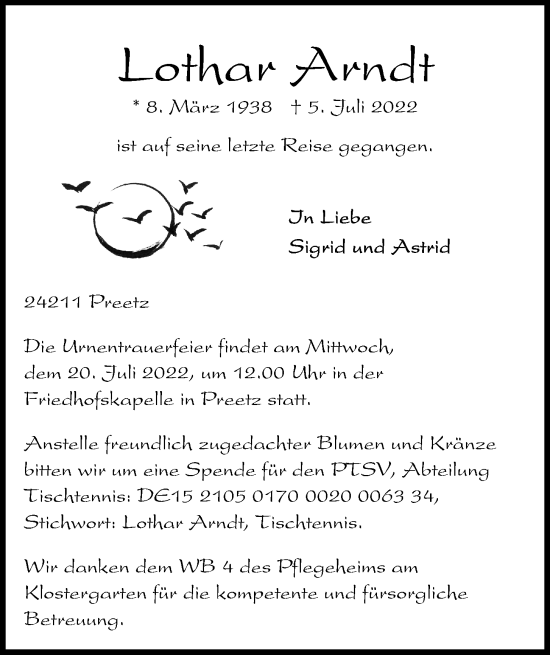 Traueranzeige von Lothar Arndt von Kieler Nachrichten