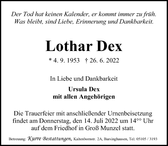Traueranzeige von Lothar Dex von Hannoversche Allgemeine Zeitung/Neue Presse