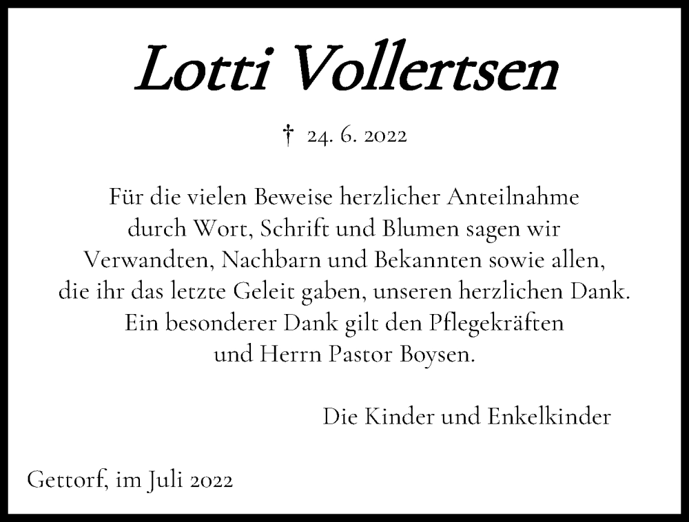  Traueranzeige für Lotti Vollertsen vom 23.07.2022 aus Kieler Nachrichten
