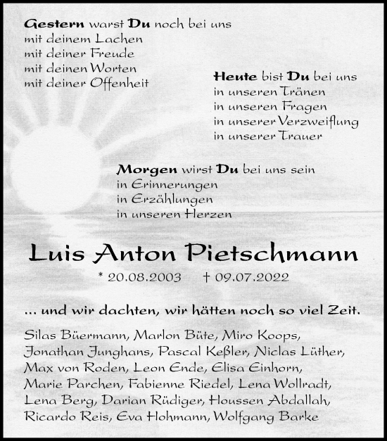 Traueranzeige von Luis Anton Pietschmann von Göttinger Tageblatt