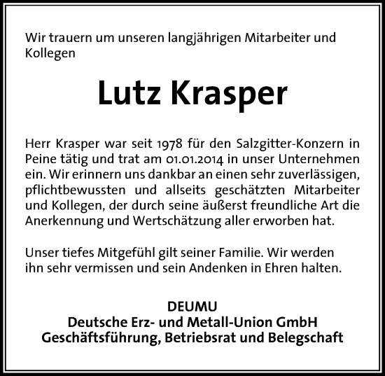 Traueranzeige von Lutz Krasper von Peiner Allgemeine Zeitung