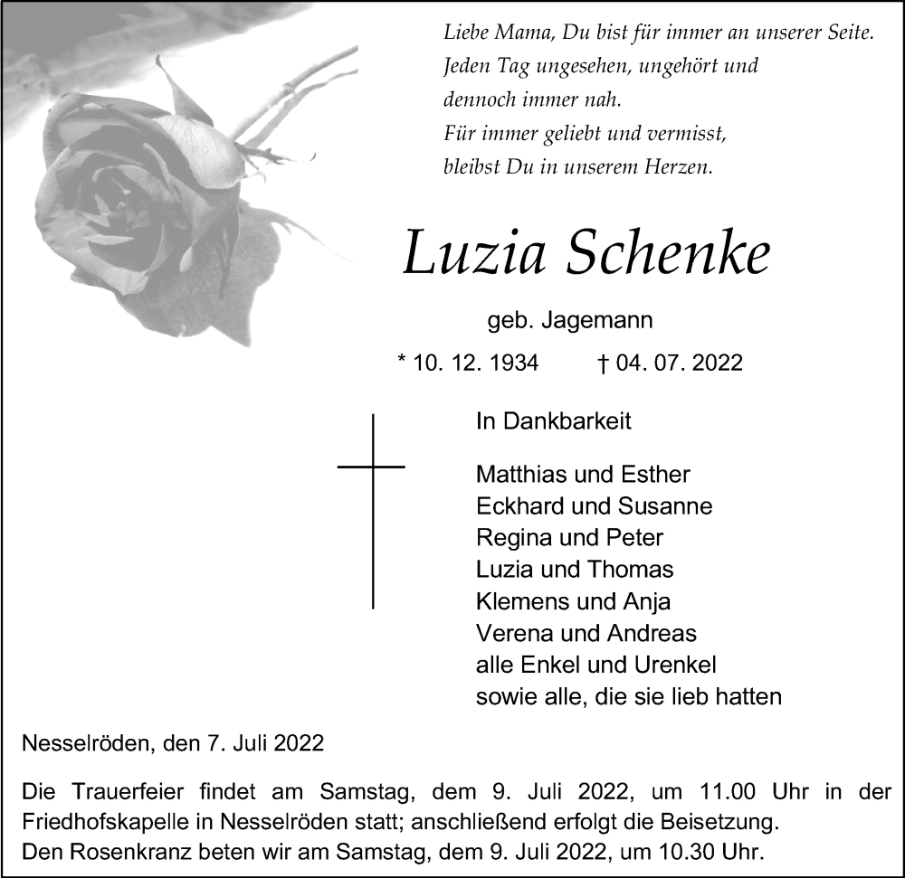  Traueranzeige für Luzia Schenke vom 07.07.2022 aus Eichsfelder Tageblatt