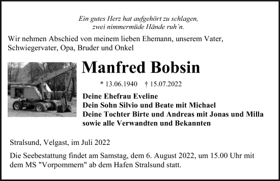 Traueranzeige von Manfred Bobsin von Ostsee-Zeitung GmbH