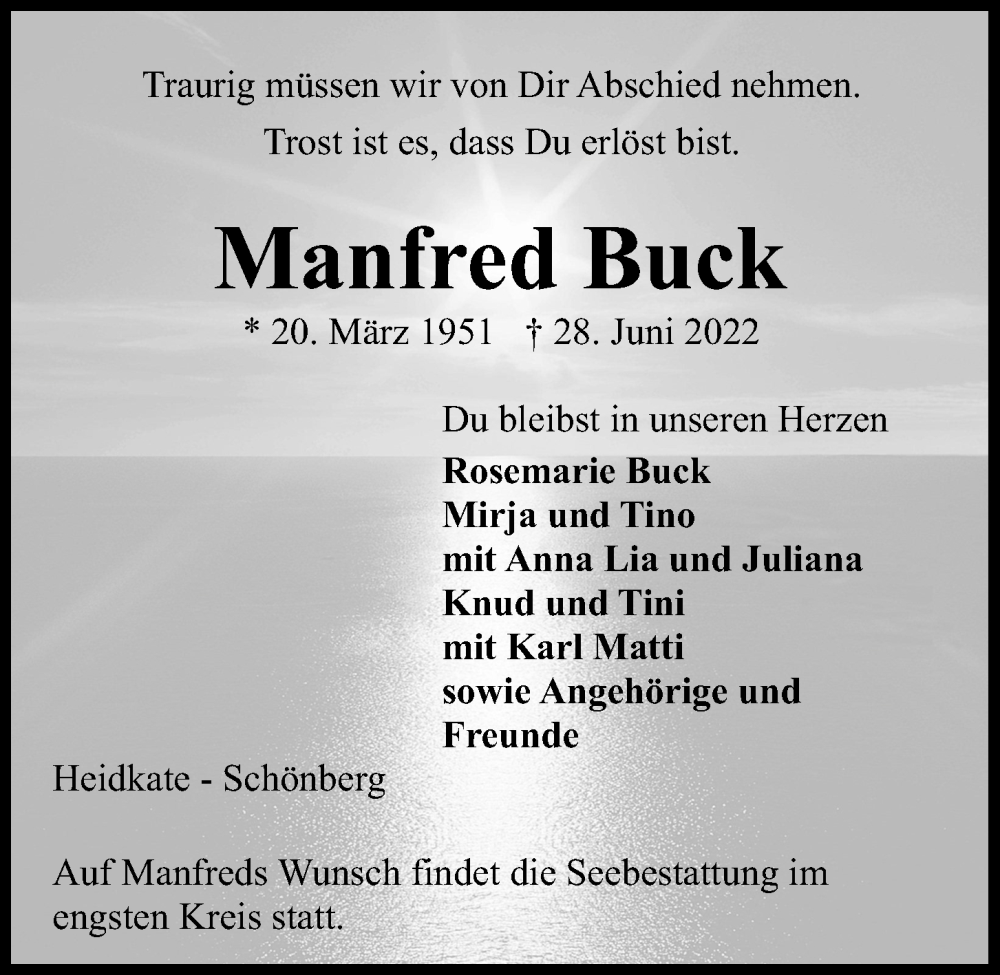  Traueranzeige für Manfred Buck vom 02.07.2022 aus Kieler Nachrichten