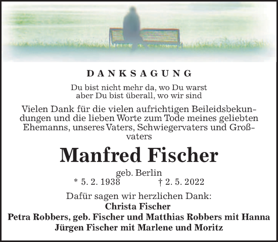 Traueranzeige von Manfred Fischer von Hannoversche Allgemeine Zeitung/Neue Presse