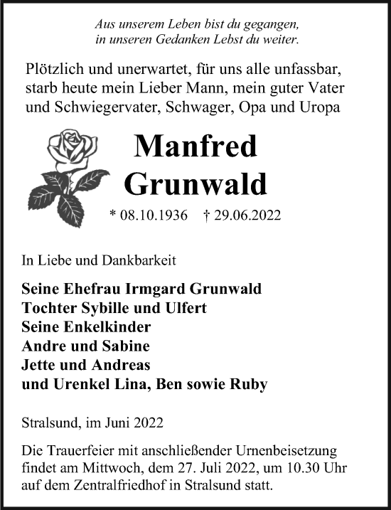 Traueranzeige von Manfred Grunwald von Ostsee-Zeitung GmbH