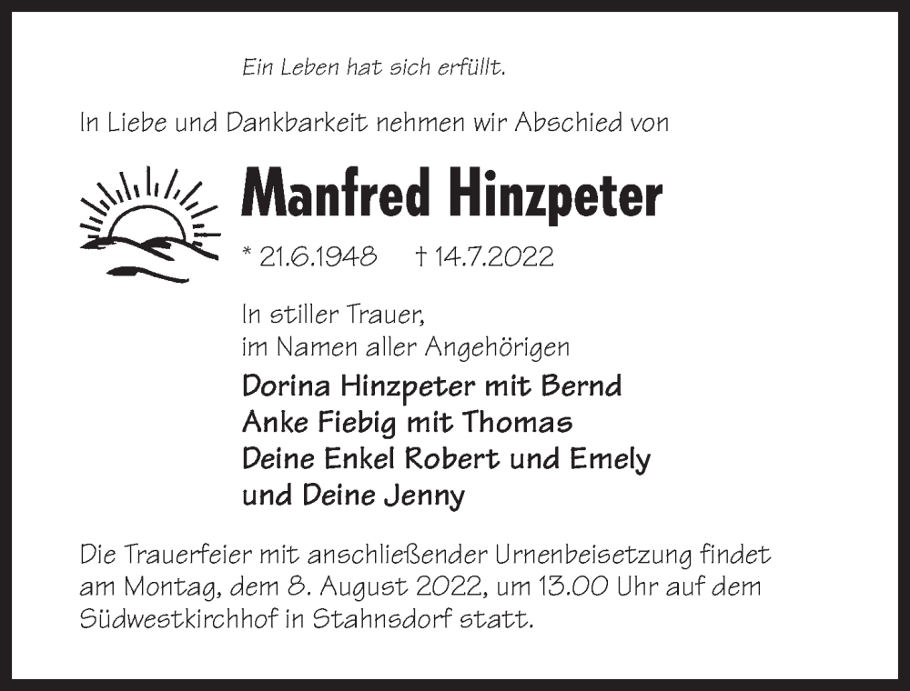  Traueranzeige für Manfred Hinzpeter vom 30.07.2022 aus Märkischen Allgemeine Zeitung