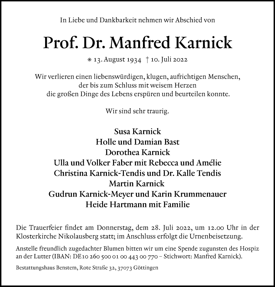  Traueranzeige für Manfred Karnick vom 23.07.2022 aus Göttinger Tageblatt