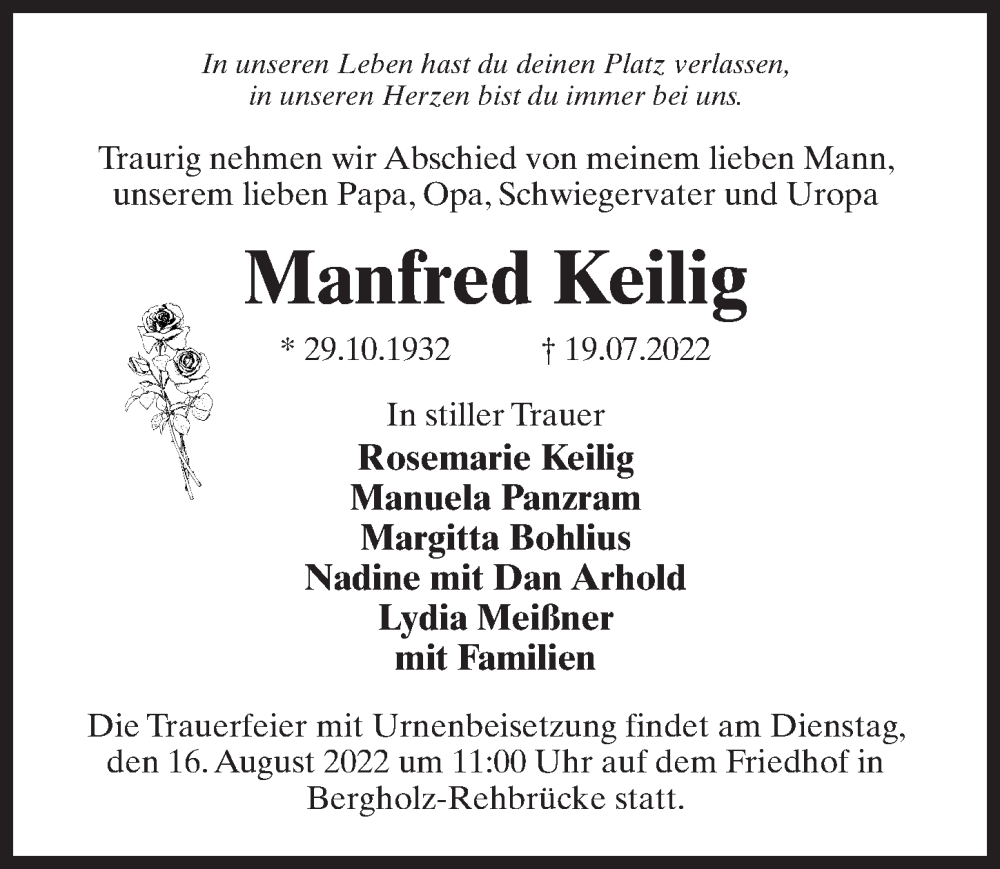  Traueranzeige für Manfred Keilig vom 30.07.2022 aus Märkischen Allgemeine Zeitung